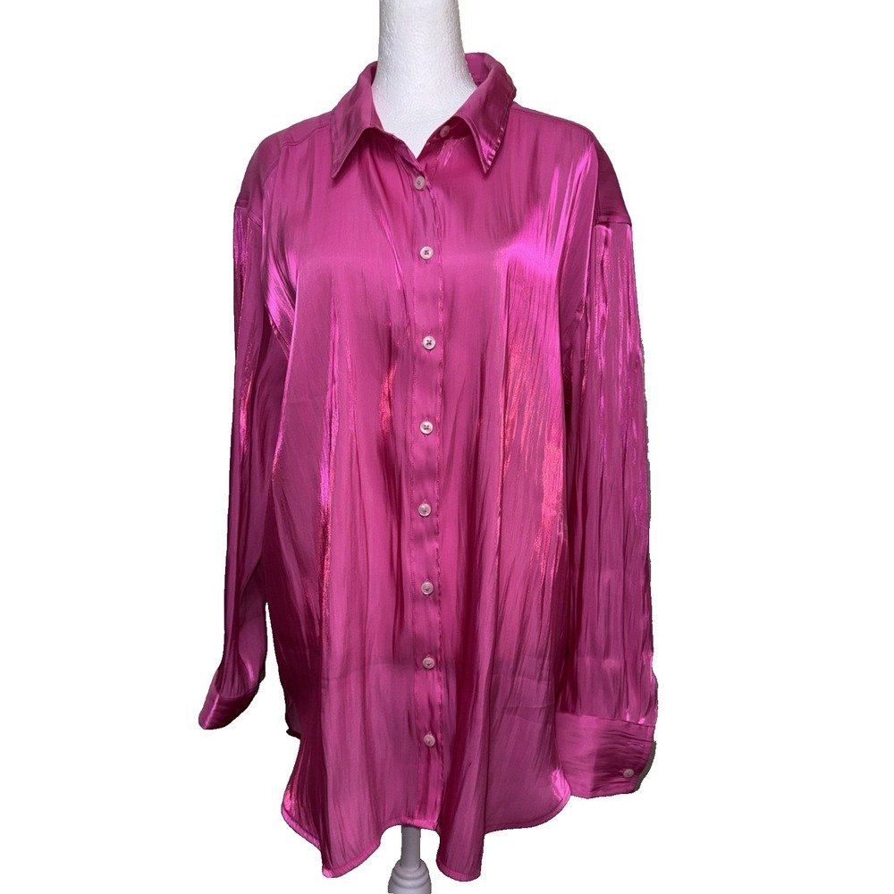 By Anthropologie Iridescent Silky Blouse L Fuchsia Pink Liquid Satin Oversized‎